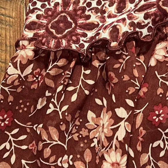 Knox Rose Maxi Dress Tiered Floral Print Mixed Print Strappy Burgundy XS Prairie - Picture 13 of 14